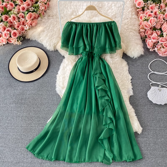 Off-the-shoulder Chiffon Dress Summer Ruffled Long Skirt 951