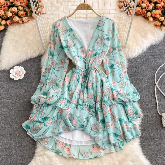 Fairy French V-neck Ruffle Skirt Floral Chiffon Dress 952