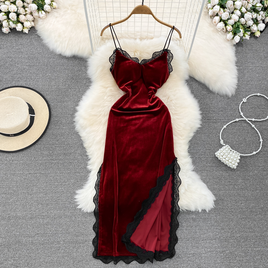 Spaghetti Strap Vintage Dress Slit Velvet Dress 962