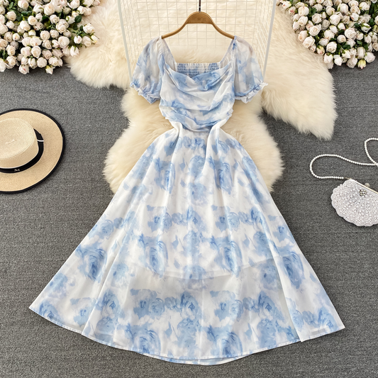 Summer Retro Square Collar Puff Sleeve Skirt Printed A-line Fairy Dress 979