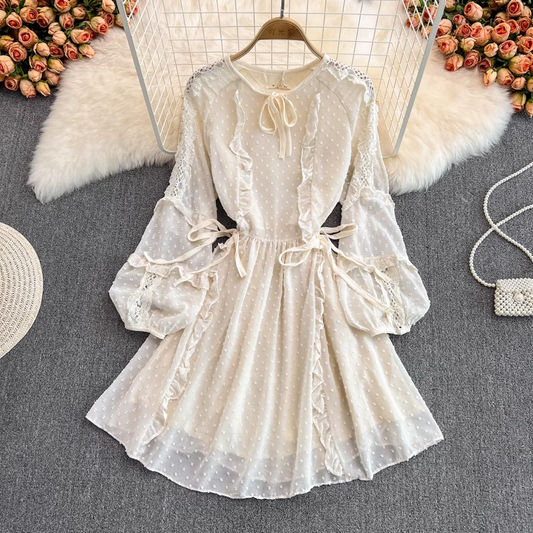 Vintage French Chiffon Midi Dress Long Sleeve Fairy Dress 985