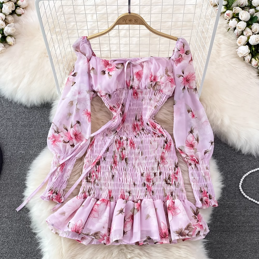 Long Sleeve Square Neck Chiffon Floral Ruffle Dress 987