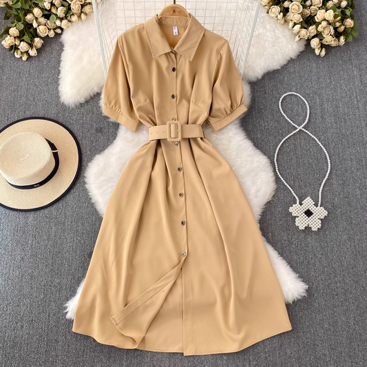 Summer  Retro Short Sleeve A Line Shirt Dress 991