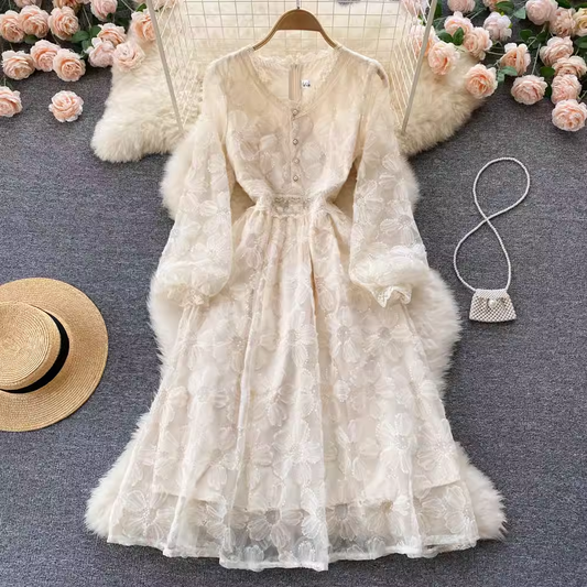 Long Sleeve A-Line Dress Elegant V Neck Lace Dress 998