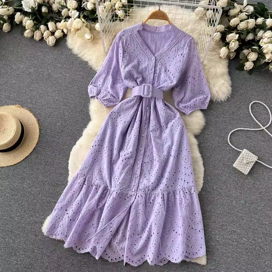 Hollow V-neck Puff Sleeve Dress Summer Fairy Long Skirt 968