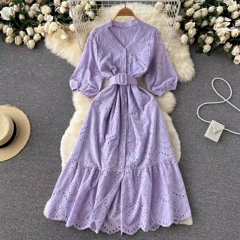 Hollow V-neck Puff Sleeve Dress Summer Fairy Long Skirt 968