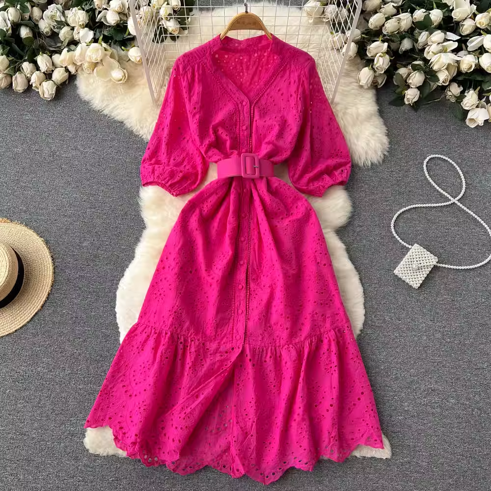 Hollow V-neck Puff Sleeve Dress Summer Fairy Long Skirt 968