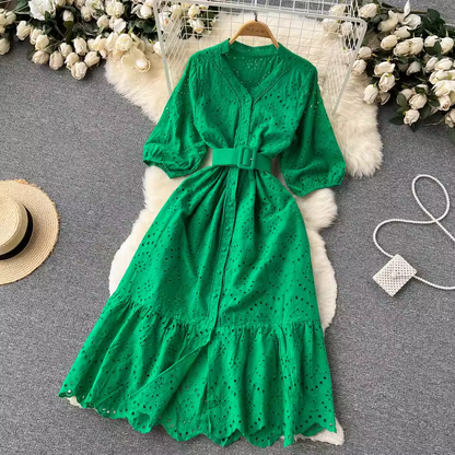 Hollow V-neck Puff Sleeve Dress Summer Fairy Long Skirt 968