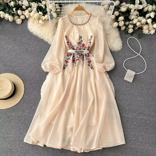 Embroidered Mesh Beaded Long-sleeved Dress Autumn Fairy Dress 999