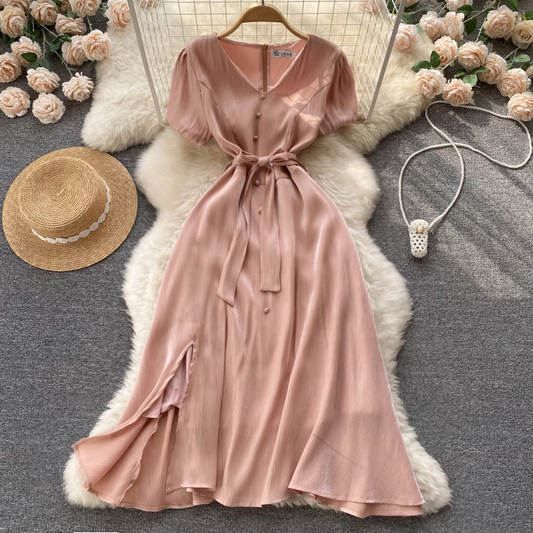 Summer V-neck Long Dress French Love Retro Slit Dress 1006