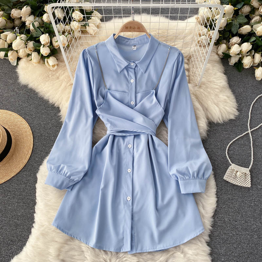 Autumn Hong Kong Style Shirt Dress Polo Collar Dress 1205