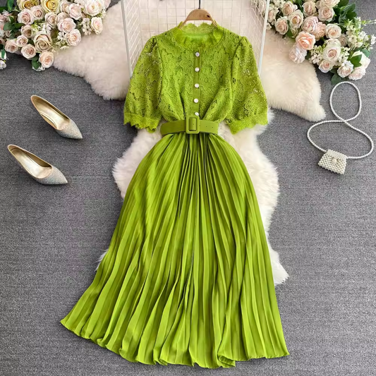 Retro Short Sleeves Round Neck Lace Pleated Dress Elegant  Summer Dress 1296