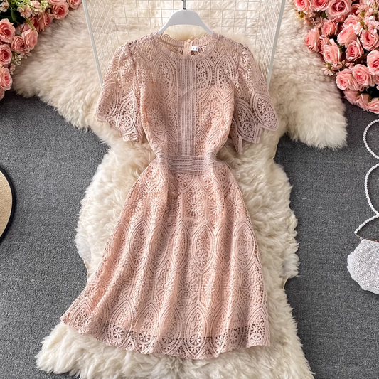 Summer Fashion Dress Round Neck Short Sleeve Lace A Line Dress 1325