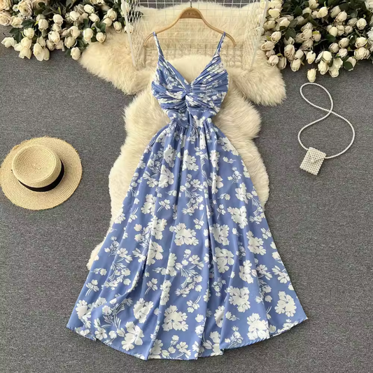 Summer Pleated Chiffon Suspender Skirt Floral Dress 1209