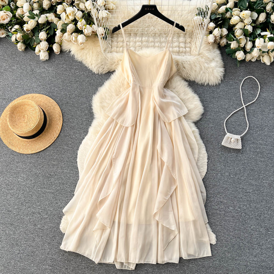 Fairy Sling Chiffon Long Skirt Summer Cute Ruffled Dress 1230