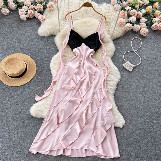 Pink Ruffled Dress Summer Sweet Suspender Dress 1149