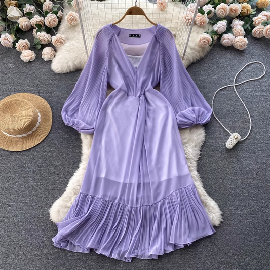 V Neck Autumn Dress Women  Mid Length Skirt 1261