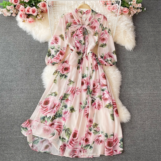 Fairy Rose Flower  Print Dress Bow Tie Long Skirt 1328