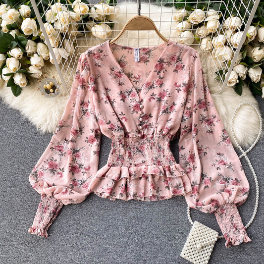 Chiffon Long-sleeved Shirt Sweet V-neck Cropped Puff Sleeve Top 1031