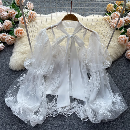 Fairy Bow Tie Puff Sleeve Lace Chiffon Shirt Mesh Embroidery Hollow Top 1038