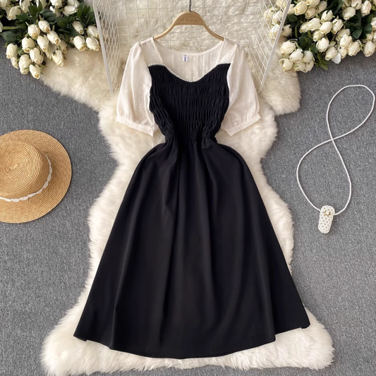 Summer V Neck Chiffon Dress Women Short Sleeves A Line Elegant Skirt 1227