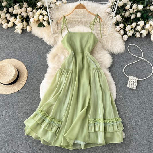 Summer Ruffled Suspender Skirt Mid Length Fairy Chiffon Pleated Dress 1163