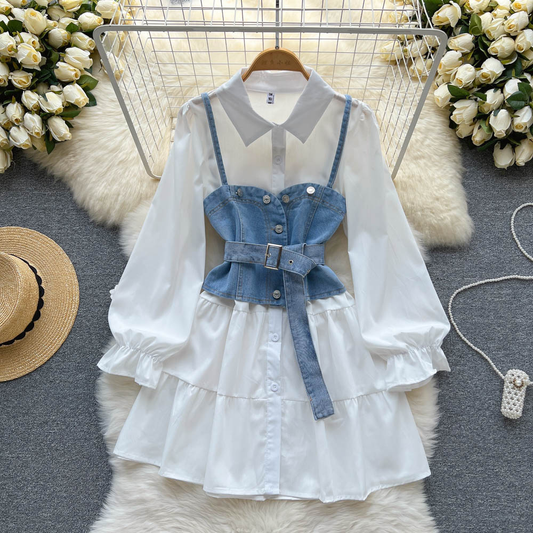 Summer White Shirt Denim Skirt Long Sleeves Dress 1190