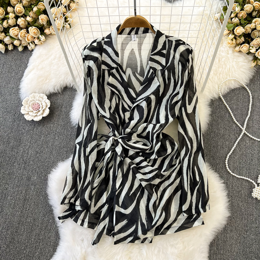 Hong Kong Style Long Sleeves Shirt Dress Zebra Print Suit Jacket Dress 1298