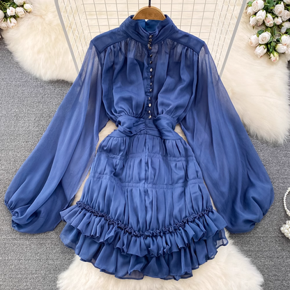 Long Sleeves Mesh Short Dress A Line Ruffled Cake Dress 1301