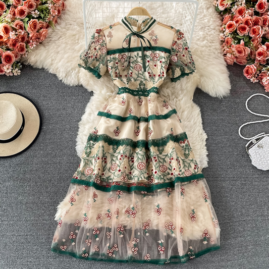 French Retro Stand Collar Mesh Embroidery Lace Dress Elegant Dress Skirt 1335