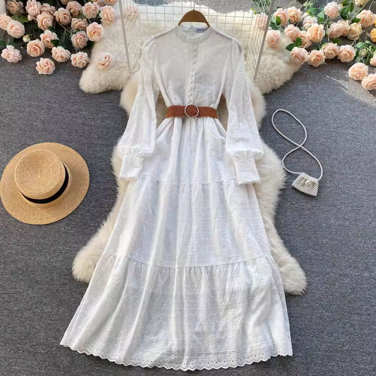 High Neck Spring Hollow Dress  Long Sleeves A Line Swing Dress 1184