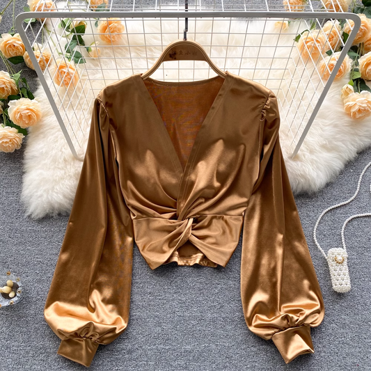 V Neck Satin Shirt Cropped Long Sleeve Top 1041