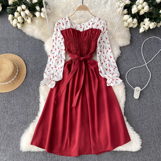 Square Collar Long Sleeves Floral Dress Women  Spring Chiffon Long Skirt 1273