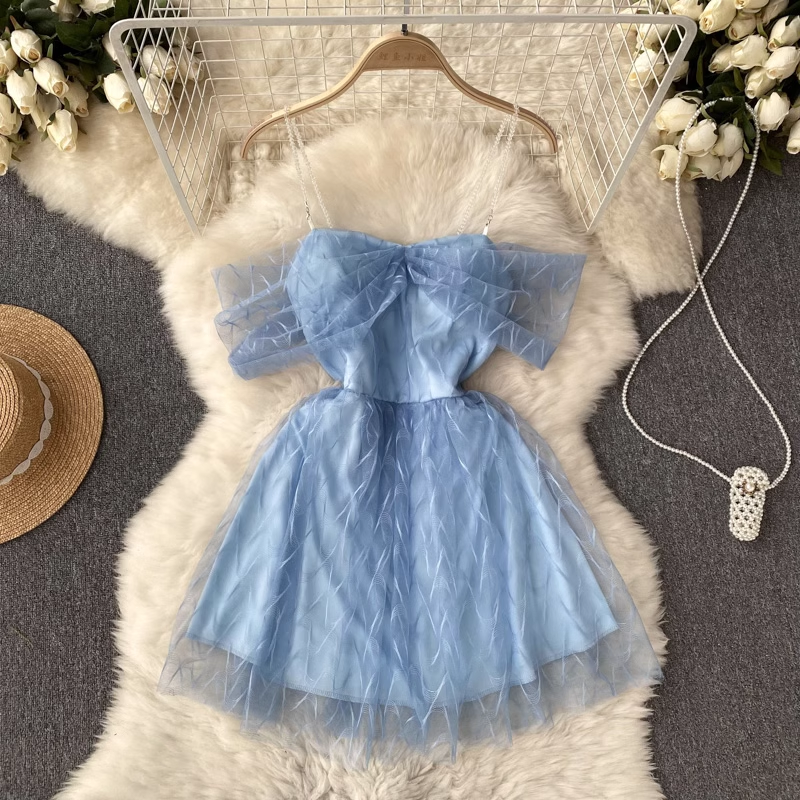 Summer Lace Mesh Strapless Dress Fluffy Princess Skirt 1130
