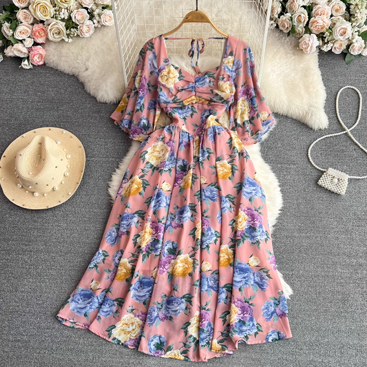 Summer Retro Short Sleeves Square Neck Dress Mid length A line Floral Dress 1310