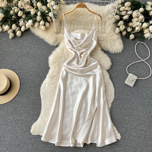 Satin Mid Length Spaghetti Strap Dress Women  Summer Slit Mermaid Dress 1118