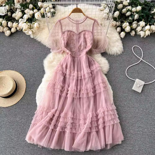 Summer Pink Layered Mesh Skirt  Short Sleeves Fairy Sweet Dress 1216