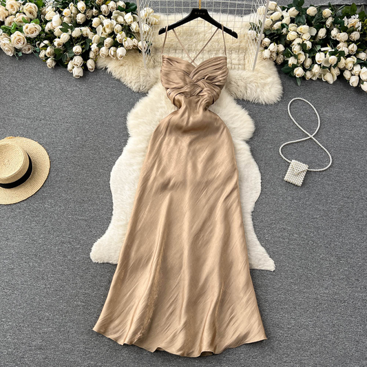 Satin Spaghetti Strap Dress Summer Sheath Dress Evening Dress 1107