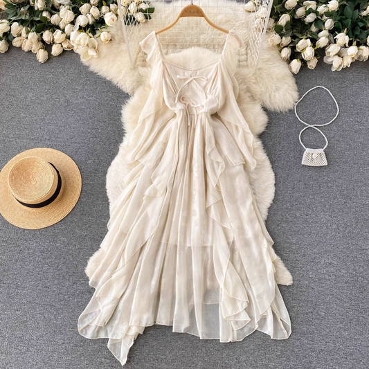 French Square Neck Ruffle Dress Irregular Swing Long Dress 1214