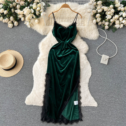 Lace Velvet Suspender Dress Women Slit Long Dress 1267