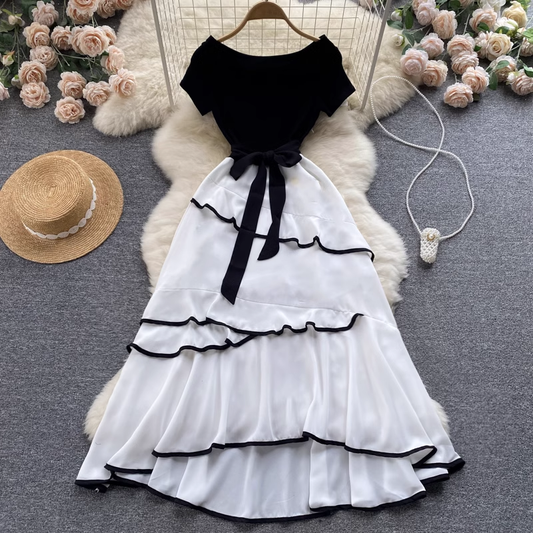 Summer Elegant Mid Length Dress Ruffled Cute Skirt 1114