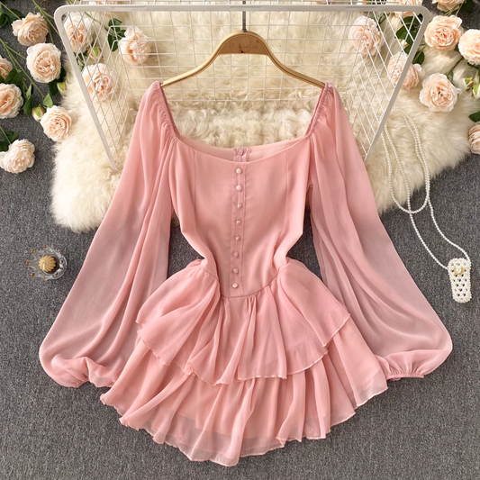 Sexy V Neck Puff Sleeve Chiffon Dress Long Sleeves Summer Dress 1148