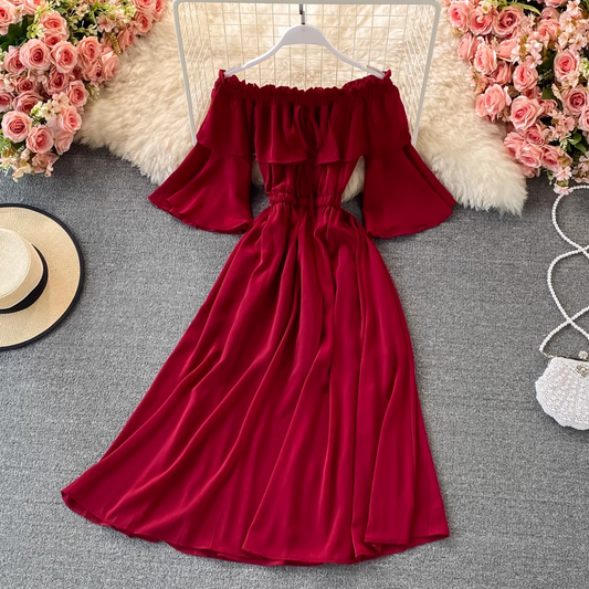 Off Shoulder Ruffled Chiffon Dress with Trumpet Sleeves Long Skirt 1324