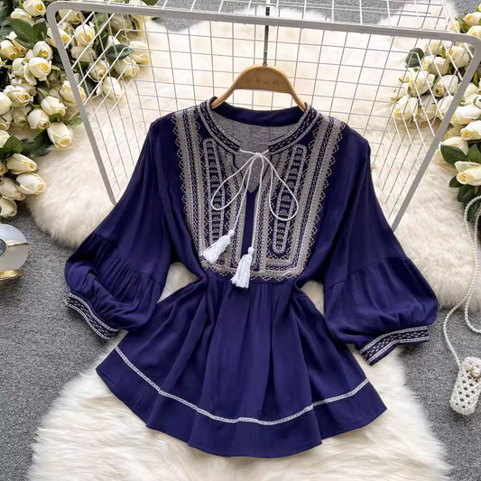 Bohemian Embroidered Tassel Top Long Sleeves Shirt 1047