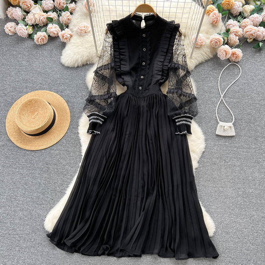 Black Mesh Long-sleeved Dress Women Elegant Pleated Skirt 1228