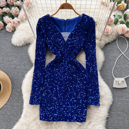 Sexy V Neck Sequin Long Sleeve Dress Short Evening Gown 1117