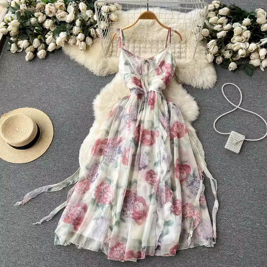 Mesh Fairy Dress Floral Ruffles Sling V Neck Summer Dress 1276