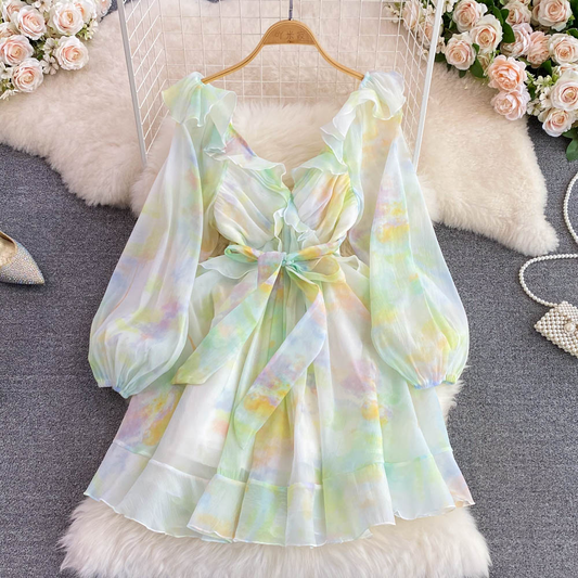 Summer V Neck Ruffled Long Sleeves Dress A Line Printed Chiffon Dress 1293