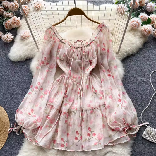 Fairy Dress Floral Puff Sleeve Gentle Princess Dress 1011