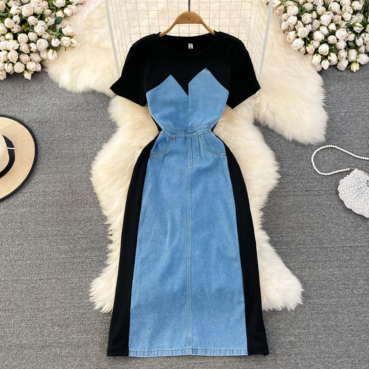 Summer Retro Hong Kong Style Dress Round Neck Denim  A Line Dress 1290